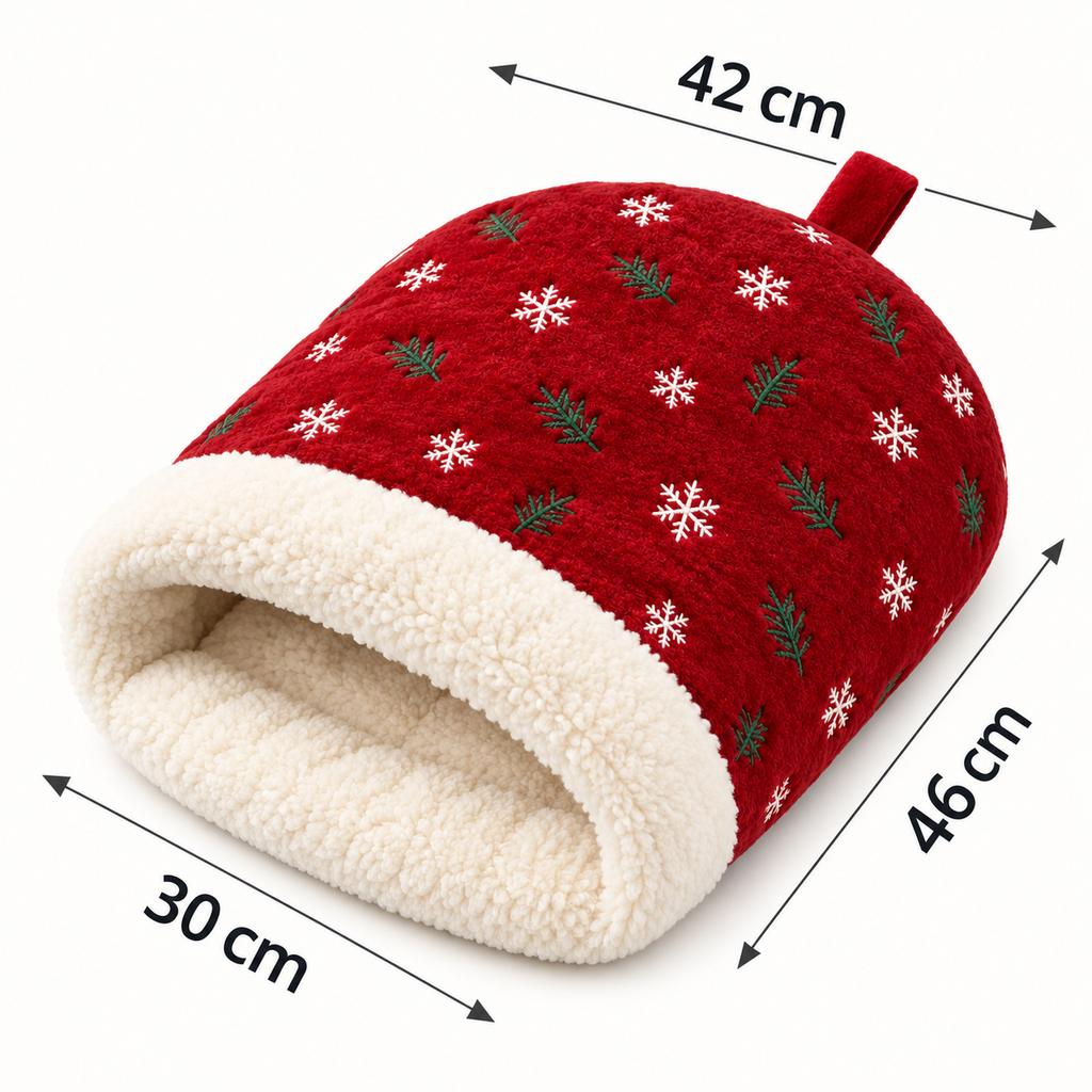 Red Jingle Cave Christmas Pet Bed dimensions: body width 42 cm, length 46 cm, front opening width 30 cm.